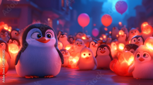 A group of cheerful penguins enjoys a joyful celebration at night, surrounded by glowing lanterns and a beautiful, illuminated environment