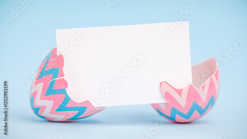 Pink and blue painted Easter egg broken apart space for text. Decorated Easter egg cracked open with blank greeting card for text.