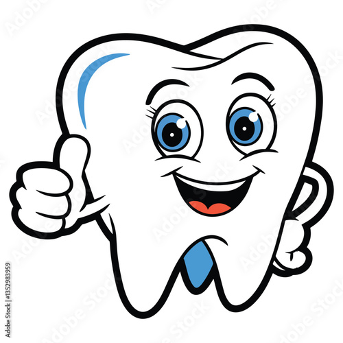 Cartoon character and mascot of a tooth with a thumbs up hand. ideal for promoting dental health, oral care products, and kids educational materials