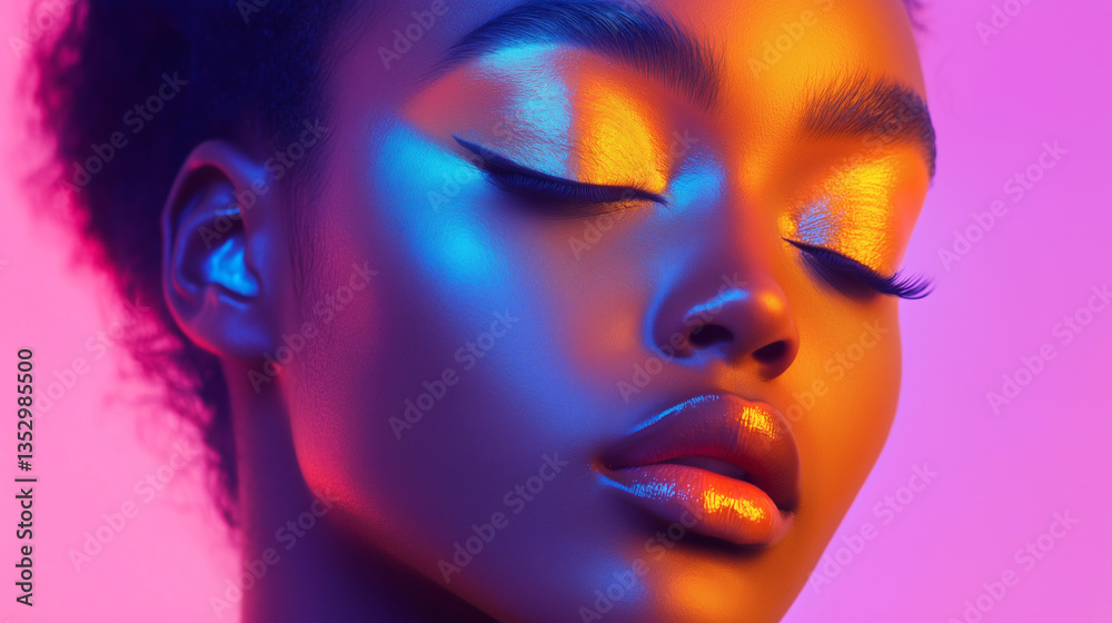 A talented model showcases striking makeup with bold colors and dramatic eyeliner. Vibrant lighting enhances the beauty of her features and artistic expression A talented model showcases striking makeup with bold colors and dramatic eyeliner. Vibrant lighting enhances the beauty of her features and artistic expression
