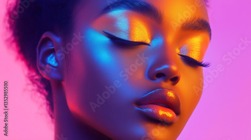 A talented model showcases striking makeup with bold colors and dramatic eyeliner. Vibrant lighting enhances the beauty of her features and artistic expression