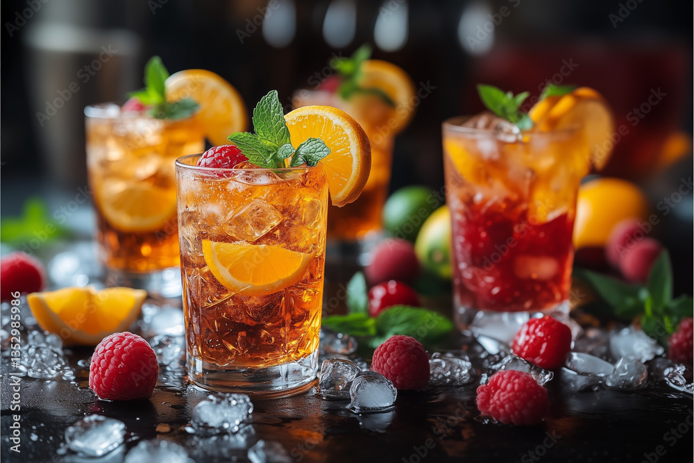 Close Up Of Refreshing Cocktails With Orange Slices Mint Leaves And Fresh Raspberries On Crushed Ice Displayed For Celebration