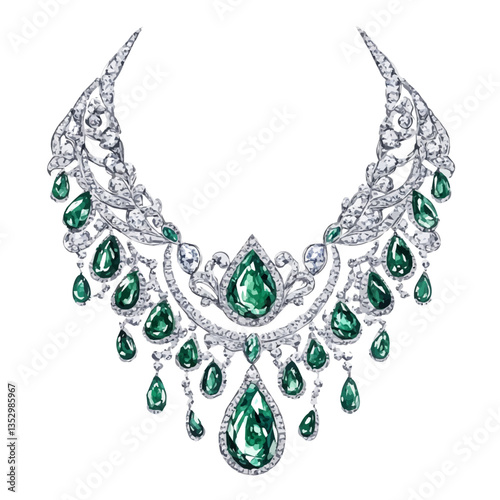 A watercolor vector painting of a luxury diamond and emerald necklace, isolated on a white background. Luxury diamond and emerald necklace vector.

