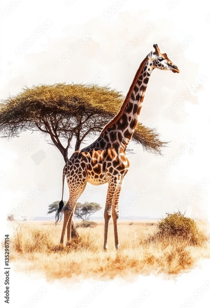 Obraz premium A tall giraffe stands proudly in an open savanna landscape