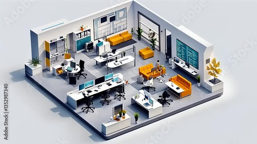 Modern Office Layout with Desks, Chairs, and Workspace Elements