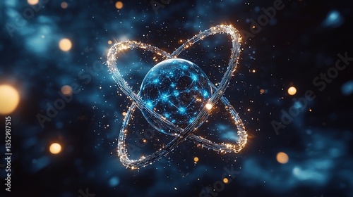 Abstract atom model with glowing orbits.