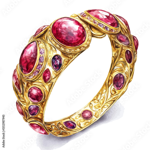 A watercolor vector painting of a luxury gold and ruby bracelet, isolated on a white background. Luxury gold and ruby bracelet vector.

