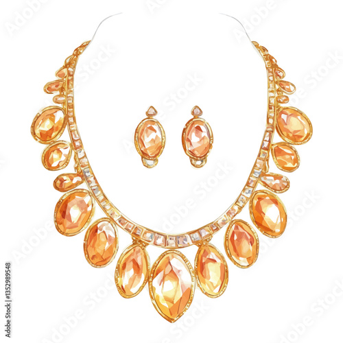 Luxury Gold Necklace And Earrings Set, watercolor vector, isolated on a white background.