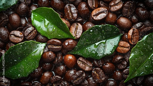 Roasted coffee beans with fresh green leaves, close-up view; ideal for food packaging or cafe menus