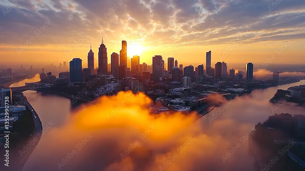 City skyline sunrise over river with fog. Aerial view. Stock photo