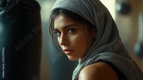 Determined young woman with a towel on her head after an intense boxing workout, looking confidently at the camera in a dimly lit gym with punching bags in the background