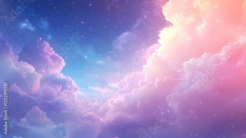 Beautiful dreamy sky full of fluffy clouds and starry night