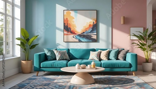 Bright and Airy Living Room Interior Design with Turquoise Sofa, Modern Artwork, and Natural Light Creating a Cozy and Inviting Atmosphere for Relaxation and Comfort