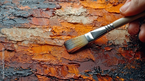 Close-up hand painting orange textured canvas; art creation process; studio background; website/blog header