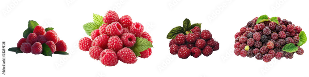 Four raspberry piles show subtle variations in color, size, and leaf arrangement. Four raspberry piles show subtle variations in color, size, and leaf arrangement.