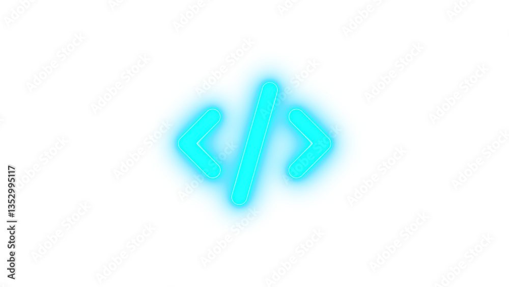 Code icon cyan color glowing neon on black background Code icon cyan color glowing neon on black background