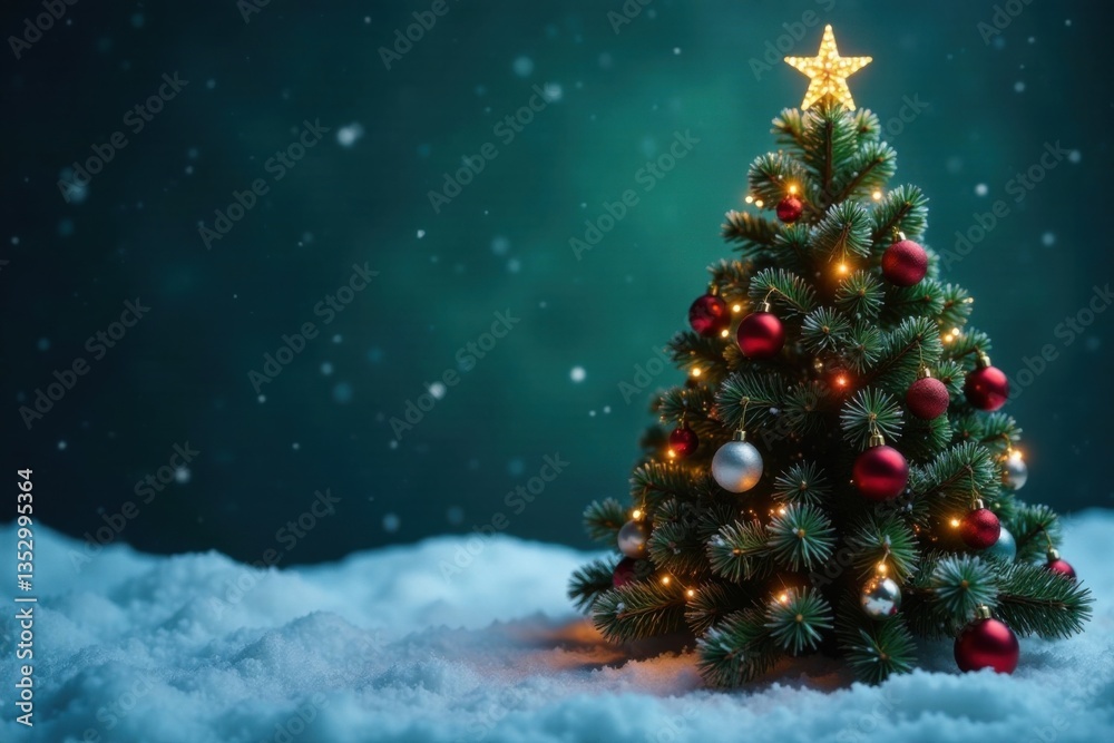 Dark green Christmas tree with twinkling lights and ornaments against a snowy background, evergreen, holiday decor, frosty landscape Dark green Christmas tree with twinkling lights and ornaments against a snowy background, evergreen, holiday decor, frosty landscape