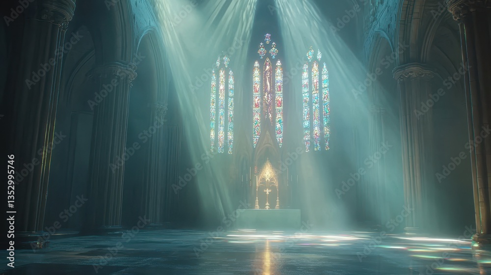 Sunlight streams through stained glass windows in a majestic, gothic-style church interior, illuminating the altar and the nave.