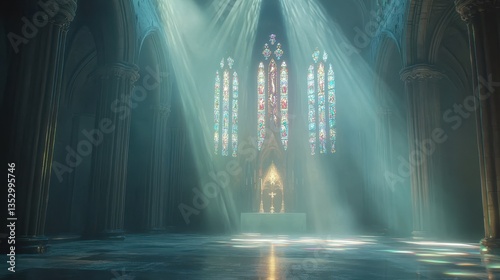 Obraz na płótnie Sunlight streams through stained glass windows in a majestic, gothic-style church interior, illuminating the altar and the nave. w salonie