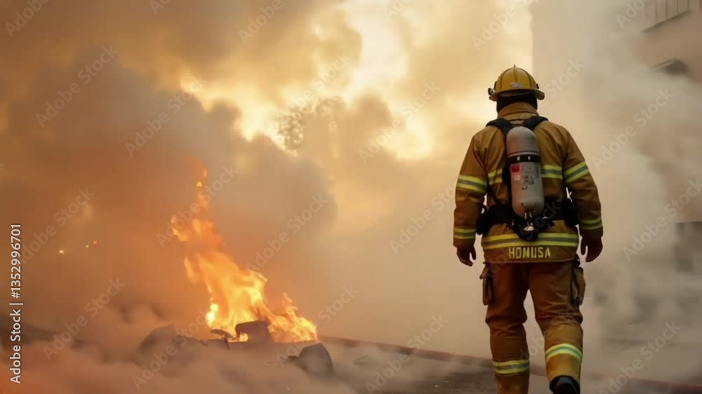 Firefighter confronting flames in smoky urban setting Firefighter confronting flames in smoky urban setting
