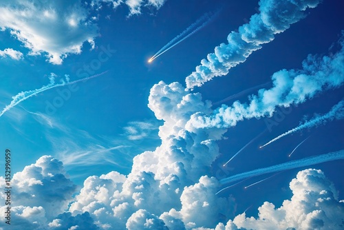 Sky Blue Background Featuring Diverse Cloud Types and Light Smoke Trails for Energetic Backdrops and Dynamic Design Ideas