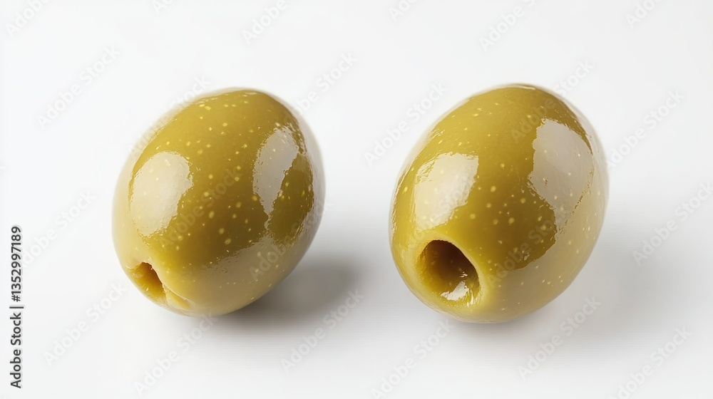 Two pitted green olives on white background, food photography, close-up Two pitted green olives on white background, food photography, close-up