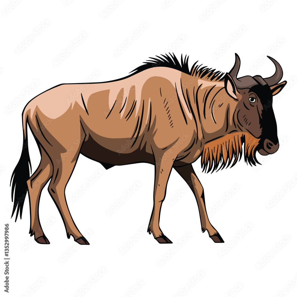 Obraz premium Wildebeest standing, African wildlife animal. Vector illustration of a wildebeest in a natural pose, ideal for wildlife themed designs, educational materials, and nature inspired artwork.