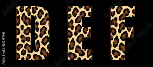 Vector font with jaguar's pattern on black background.
A set of cartoon letters of english alphabet for
women clothing, fabric, textile, paper, packaging, 
women's handbag, inscription on t-shirt.