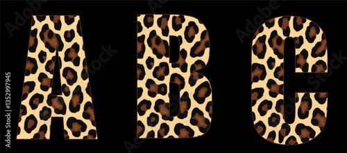 Vector font with jaguar's pattern on black background.
A set of cartoon letters of english alphabet for
women clothing, fabric, textile, paper, packaging, 
women's handbag, inscription on t-shirt.