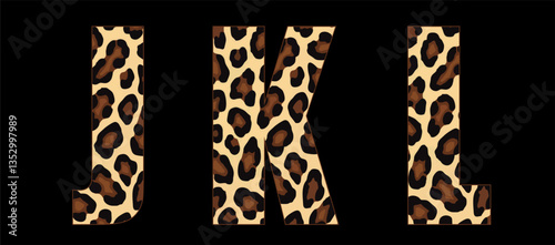 Vector font with jaguar's pattern on black background. A set of cartoon letters of english alphabet for
women clothing, fabric, textile, paper, packaging, 
women's handbag, inscription on t-shirt.