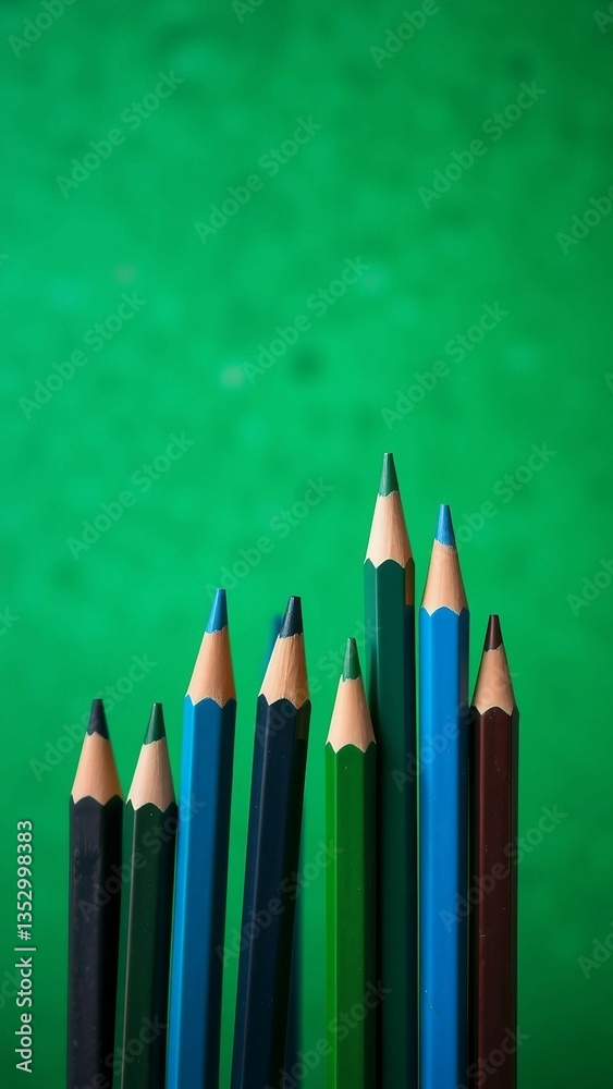 Colored pencils on a background of different shades of green Creative template back to school concep Colored pencils on a background of different shades of green Creative template back to school concep