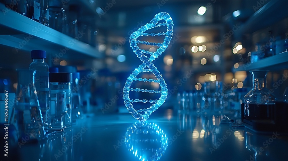 Glowing DNA helix model in a lab setting.