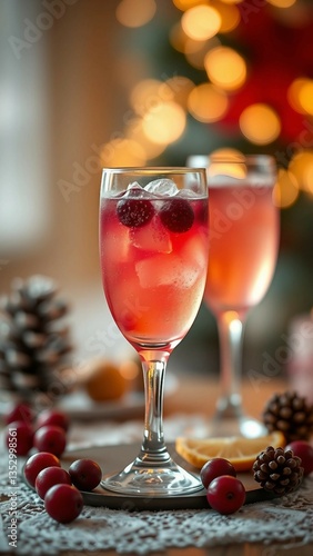 Christmas mimosa punch or cranberry margarita cocktail with cranberry juice orange liqueur and champ