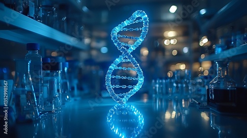 Obraz na płótnie Glowing DNA helix model in a lab setting. w salonie