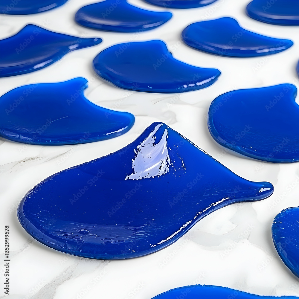 Obraz premium Blue liquid blobs on marble surface, close-up shot. Perfect for product, design, or abstract backgrounds