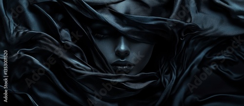Woman veiled in dark fabric, dramatic lighting