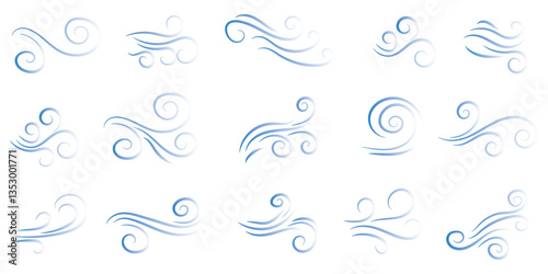 Wind linear sketch set, wind blow line icon. Isolated vector illustration. Wind motion, air blow, swirl elements. Air blow motion, smoke flow art, windy weather symbol, abstract curved line.