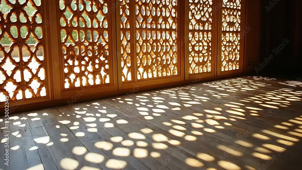 Intricate wooden lattice casting beautiful shadows on a wooden floor in a serene interior space