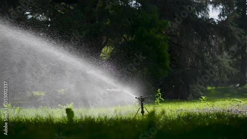 Sprinkler watering lush green lawn in a park during sunny afternoon