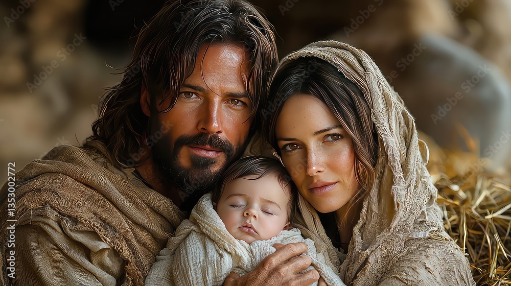 Holy Family portrait, Bethlehem setting, peaceful scene, religious art Holy Family portrait, Bethlehem setting, peaceful scene, religious art