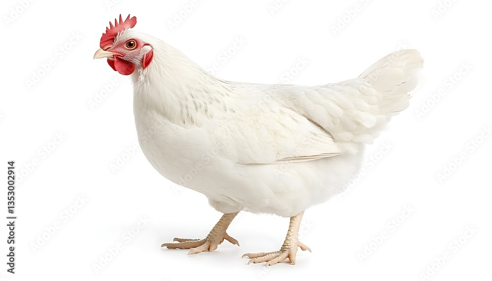 Fototapeta premium A single white chicken standing alone against a plain white background