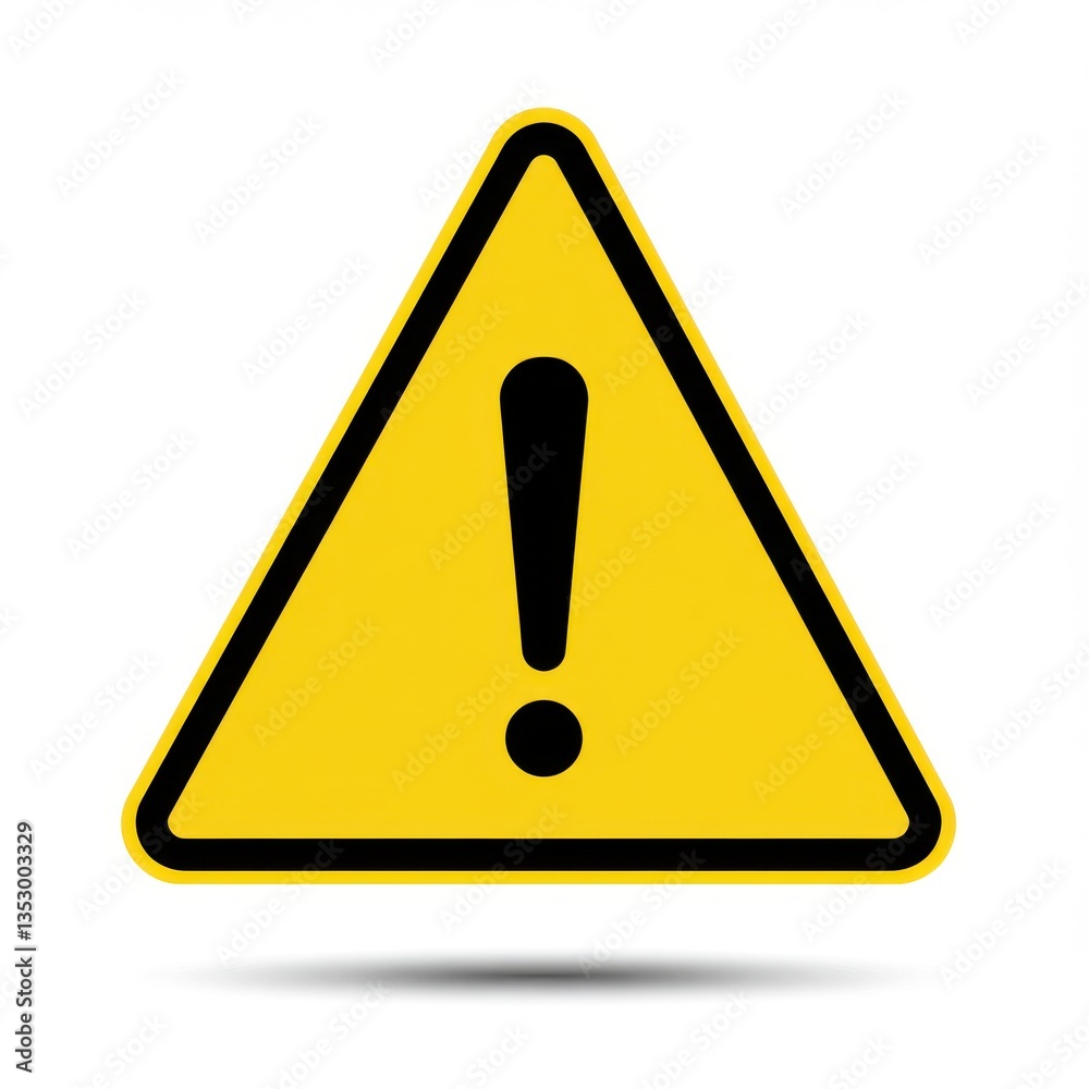 Yellow triangular warning sign with black exclamation mark symbolizing caution and safety isolated on white background Yellow triangular warning sign with black exclamation mark symbolizing caution and safety isolated on white background