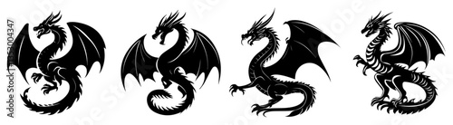 Dragon Silhouette Vector Set, Fantasy Mythical Creatures for Logos, Tattoos, and Illustrations