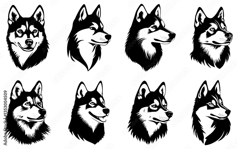 Obraz premium Husky Dog Head Silhouette Vector Set, Black and White Digital Illustration