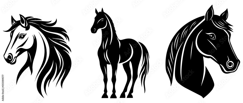 Obraz premium Majestic Horse Head and Standing Stallion Silhouette Vector Set, Elegant Equine Art for Logos and Designs