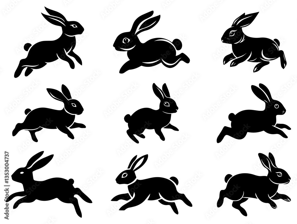 Obraz premium Rabbit Silhouette Vector Set, Running, Jumping, and Leaping Hare Illustrations for Wildlife and Nature Designs