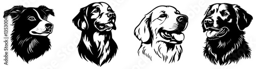 Realistic Dog Head Silhouettes, Black and White Vector Illustration of Popular Dog Breeds for Logos and Designs