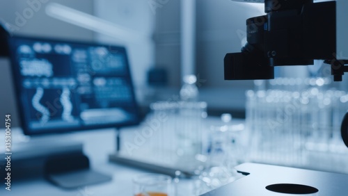 Cutting-edge biotechnology laboratory with advanced microscope, DNA analysis on digital screen, and scientific glassware in futuristic research facility