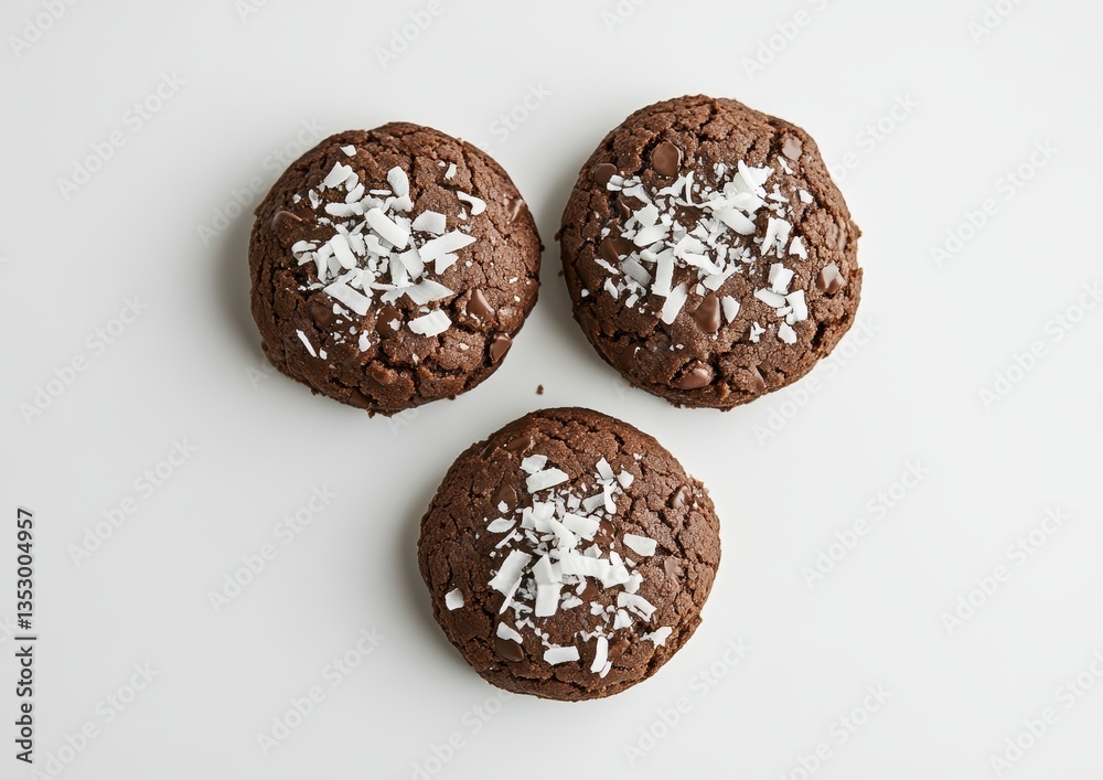 Delicious chocolate cookies topped with coconut flakes arranged on a clean white background ideal for desserts and baking inspiration Delicious chocolate cookies topped with coconut flakes arranged on a clean white background ideal for desserts and baking inspiration