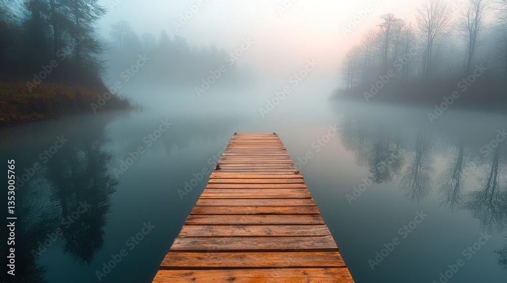 Obraz premium Misty Morning at the Lake: A Serene Wooden Dock Extends into the Fog-Shrouded Waters, Reflecting the Tranquil Atmosphere of Nature.